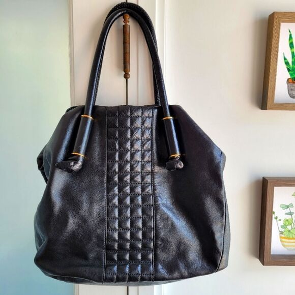 PER SE LEATHER Large Shoulder Bag Black big boho Quilted - Picture 1 of 7